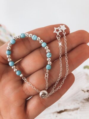 Pulseira Duas Bolinhas Pratas e Uma Turquesa