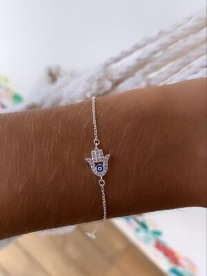 Pulseira Mão de Fátima Cravejada com Olho Grego