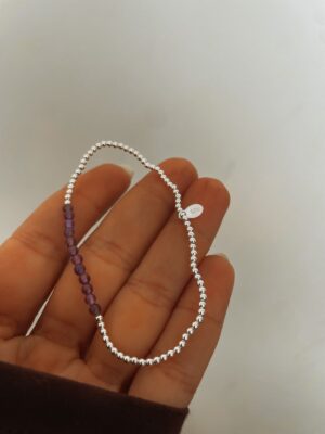 Pulseira Miçangas Importadas Roxa Com Bolinhas Prata