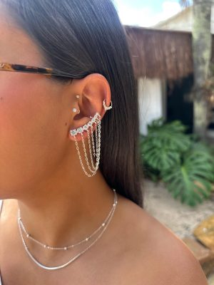 Brinco Ear Cuff 7 Zircônias Com Correntarias E Piercing Fake